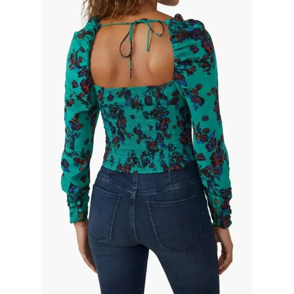 Free People top Hilary Print keyhole neck blouse green Medium M
